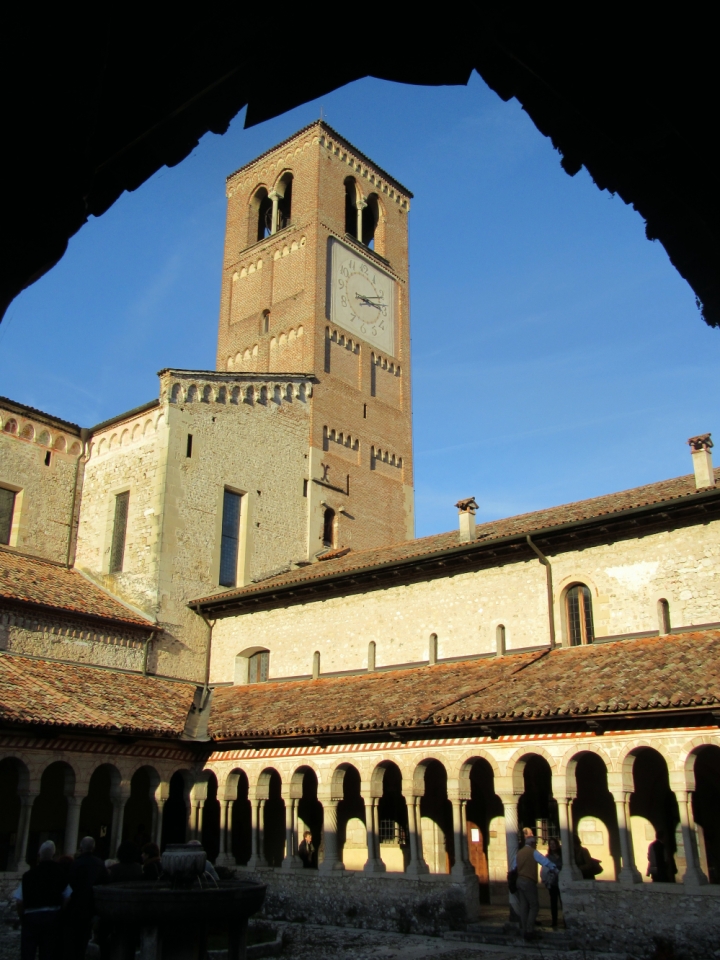 The bell tower of Follina Abbey, from the cloister